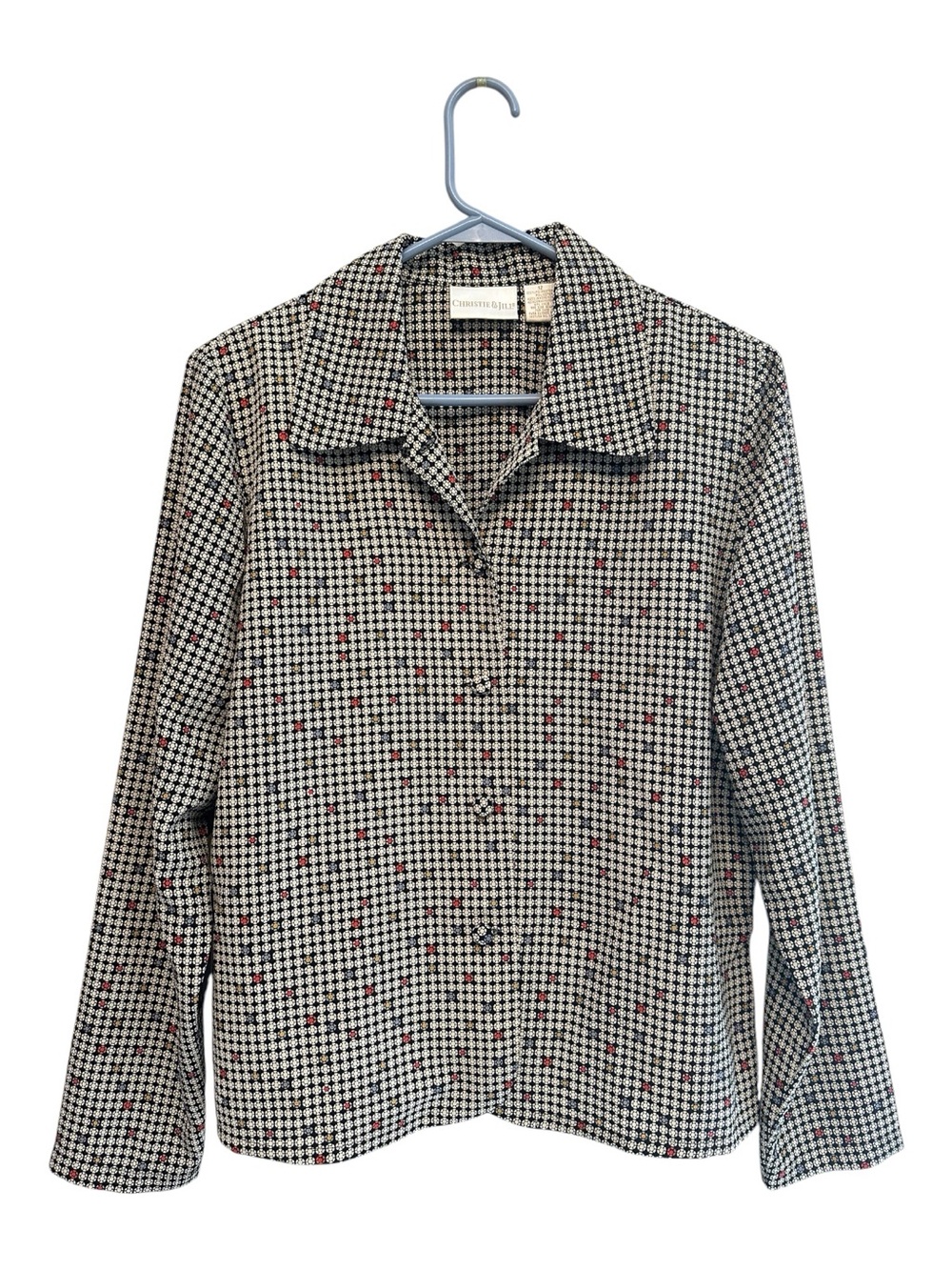 Vintage 90s Black & White Patterned Blouse with Colorful Dot Accents Size 12